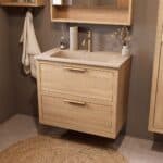 Modern naturel eiken badkamermeubel 80 cm met twee lades en Mat Beige mineraalstenen wastafel