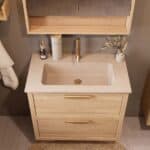 Modern naturel eiken badkamermeubel 80 cm met twee lades en Mat Beige mineraalstenen wastafel