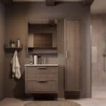 Modern donker eiken badkamermeubel 80 cm met twee lades en Mat Beige mineraalstenen wastafel