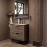 Modern donker eiken badkamermeubel 80 cm met twee lades en Mat Beige mineraalstenen wastafel