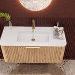 Rond naturel eiken badkamermeubel 100 cm met groevenfront en mat witte solid surface wastafel