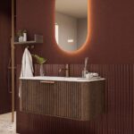 Rond donker eiken badkamermeubel 100 cm met groevenfront en mat witte solid surface wastafel