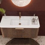 Rond donker eiken badkamermeubel 100 cm met groevenfront en mat witte solid surface wastafel
