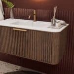 Rond donker eiken badkamermeubel 100 cm met groevenfront en mat witte solid surface wastafel