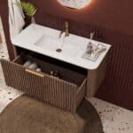 Rond donker eiken badkamermeubel 100 cm met groevenfront en mat witte solid surface wastafel