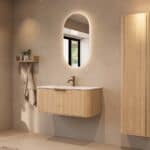 Rond naturel eiken badkamermeubel 100 cm met vlak front en mat witte solid surface wastafel