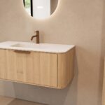 Rond naturel eiken badkamermeubel 100 cm met vlak front en mat witte solid surface wastafel