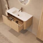 Rond naturel eiken badkamermeubel 100 cm met vlak front en mat witte solid surface wastafel