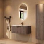 Rond donker eiken badkamermeubel 100 cm met vlak front en mat witte solid surface wastafel