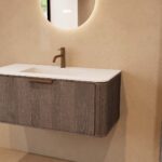 Rond donker eiken badkamermeubel 100 cm met vlak front en mat witte solid surface wastafel