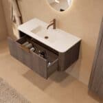 Rond donker eiken badkamermeubel 100 cm met vlak front en mat witte solid surface wastafel