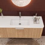 Rond naturel eiken wastafelmeubel 120 cm met groevenfront en mat witte solid surface wastafel