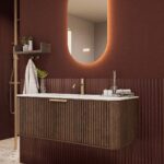 Rond donker eiken badkamermeubel 120 cm met groevenfront en mat witte solid surface wastafel