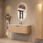 Rond naturel eiken wastafelmeubel 120 cm met vlak front en mat witte solid surface wastafel