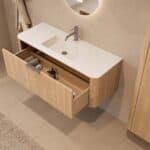 Rond naturel eiken wastafelmeubel 120 cm met vlak front en mat witte solid surface wastafel