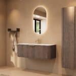 Rond donker eiken badkamermeubel 120 cm met vlak front en mat witte solid surface wastafel