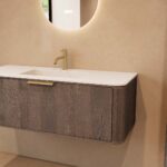 Rond donker eiken badkamermeubel 120 cm met vlak front en mat witte solid surface wastafel