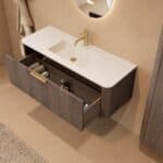Rond donker eiken badkamermeubel 120 cm met vlak front en mat witte solid surface wastafel