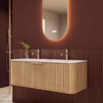 Rond naturel eiken badkamermeubel 120 cm met groevenfront en dubbele mat witte solid surface wastafel