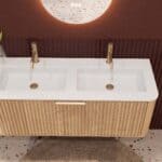 Rond naturel eiken badkamermeubel 120 cm met groevenfront en dubbele mat witte solid surface wastafel