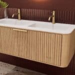 Rond naturel eiken badkamermeubel 120 cm met groevenfront en dubbele mat witte solid surface wastafel