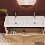 Rond naturel eiken badkamermeubel 120 cm met groevenfront en dubbele mat witte solid surface wastafel