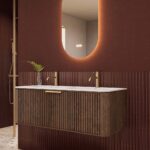 Rond donker eiken wastafelmeubel 120 cm met groevenfront en dubbele mat witte solid surface wastafel