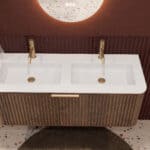 Rond donker eiken wastafelmeubel 120 cm met groevenfront en dubbele mat witte solid surface wastafel
