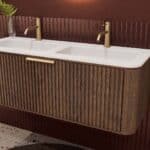Rond donker eiken wastafelmeubel 120 cm met groevenfront en dubbele mat witte solid surface wastafel
