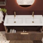 Rond donker eiken wastafelmeubel 120 cm met groevenfront en dubbele mat witte solid surface wastafel