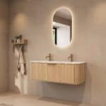 Rond naturel eiken badkamermeubel 120 cm met vlak front en dubbele mat witte solid surface wastafel