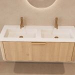 Rond naturel eiken badkamermeubel 120 cm met vlak front en dubbele mat witte solid surface wastafel