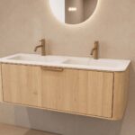 Rond naturel eiken badkamermeubel 120 cm met vlak front en dubbele mat witte solid surface wastafel