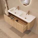 Rond naturel eiken badkamermeubel 120 cm met vlak front en dubbele mat witte solid surface wastafel