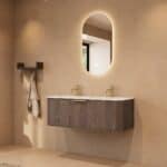 Rond donker eiken wastafelmeubel 120 cm met vlak front en dubbele mat witte solid surface wastafel