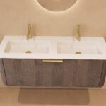 Rond donker eiken wastafelmeubel 120 cm met vlak front en dubbele mat witte solid surface wastafel