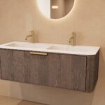 Rond donker eiken wastafelmeubel 120 cm met vlak front en dubbele mat witte solid surface wastafel