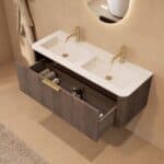 Rond donker eiken wastafelmeubel 120 cm met vlak front en dubbele mat witte solid surface wastafel