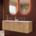 Rond naturel eiken badkamermeubel 140 cm met groevenfront en dubbele mat witte solid surface wastafel