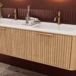 Rond naturel eiken badkamermeubel 140 cm met groevenfront en dubbele mat witte solid surface wastafel
