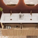 Rond naturel eiken badkamermeubel 140 cm met groevenfront en dubbele mat witte solid surface wastafel