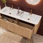 Rond naturel eiken badkamermeubel 140 cm met groevenfront en dubbele mat witte solid surface wastafel