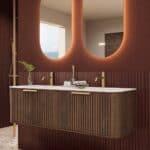 Rond donker eiken badkamermeubel 140 cm met groevenfront en dubbele mat witte solid surface wastafel