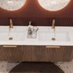 Rond donker eiken badkamermeubel 140 cm met groevenfront en dubbele mat witte solid surface wastafel