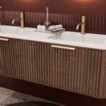 Rond donker eiken badkamermeubel 140 cm met groevenfront en dubbele mat witte solid surface wastafel