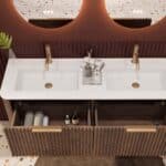 Rond donker eiken badkamermeubel 140 cm met groevenfront en dubbele mat witte solid surface wastafel