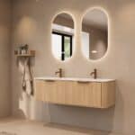 Rond naturel eiken badkamermeubel 140 cm met vlak front en dubbele mat witte solid surface wastafel