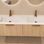 Rond naturel eiken badkamermeubel 140 cm met vlak front en dubbele mat witte solid surface wastafel