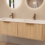 Rond naturel eiken badkamermeubel 140 cm met vlak front en dubbele mat witte solid surface wastafel