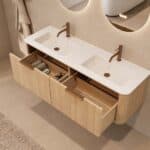Rond naturel eiken badkamermeubel 140 cm met vlak front en dubbele mat witte solid surface wastafel